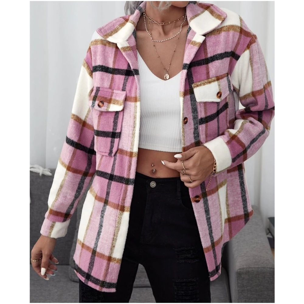 Cozy Plaid Pocket Button Down Oversized Jacket Shacket - Picture 1 of 9